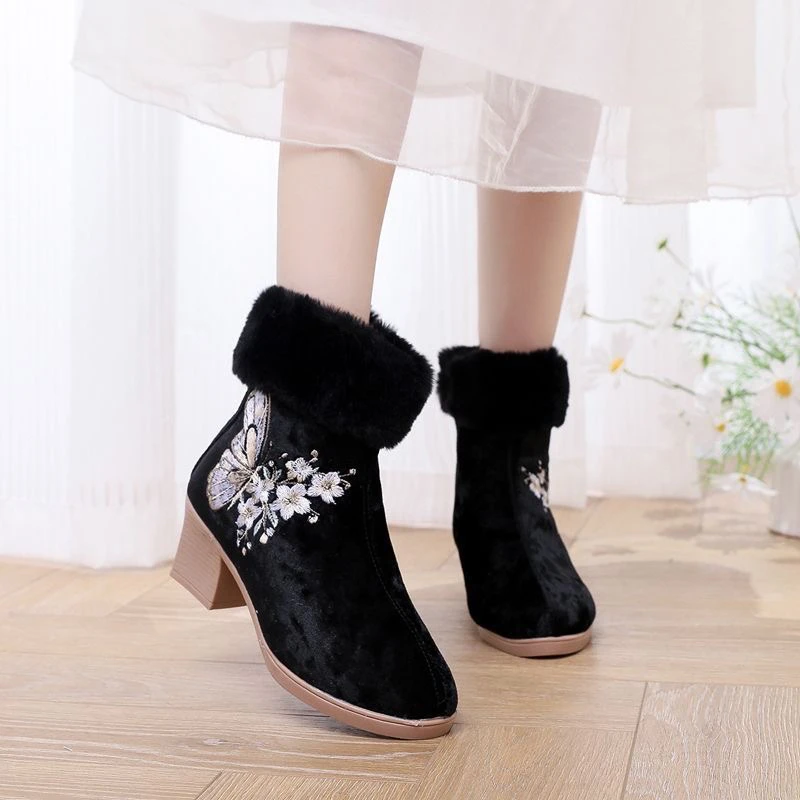 复古侧拉链冬季圆头防滑刺绣短靴粗跟加绒高跟棉鞋雪地靴棉靴筒靴