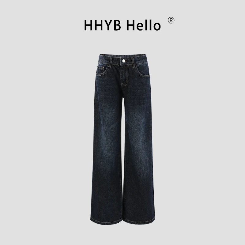 HHYB Hello低腰水洗牛仔裤2025新款宽松显瘦阔腿直筒长裤Q254305