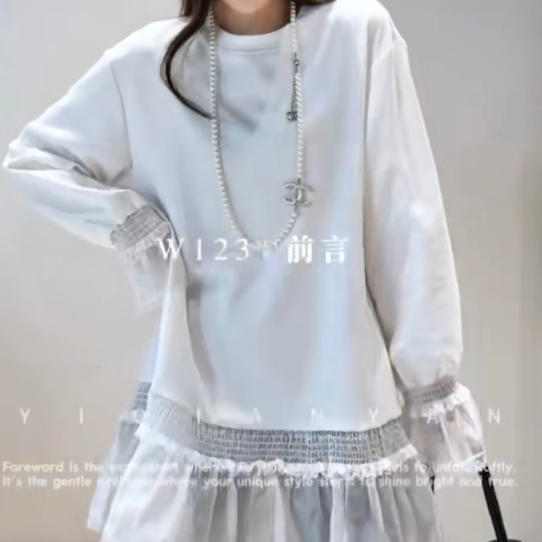 欧货正品蕾丝拼接花苞感时尚百搭休闲一手长上衣女