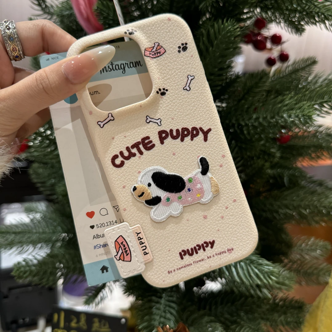 可爱波点狗适用苹果17promax手机壳女iPhone16/15荔枝纹14/13/12