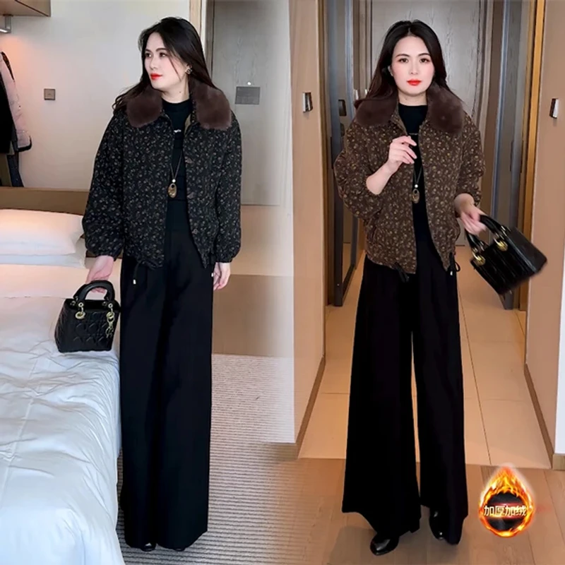 加绒加厚印花短外套女2025冬季新款洋气小个子加厚保暖大毛领夹克