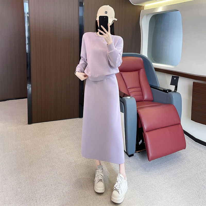 欧洲站女秋季新款时尚洋气套装圆领上衣中长款半身裙两件套休闲潮
