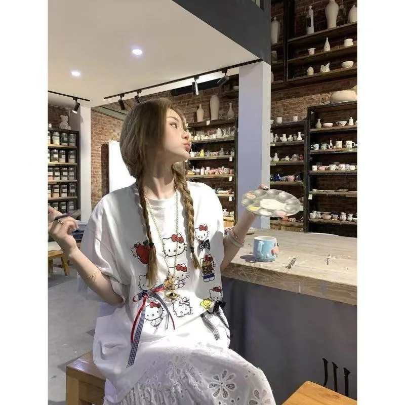 -루루가 （HelloKitt猫）韩国东大门减龄卡通可爱上衣高腰裤子套装