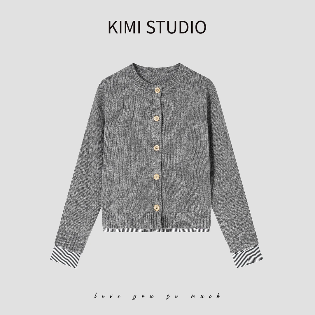 KIMI混色纱线假两件衬衫拼接针织毛衣开衫AW241511