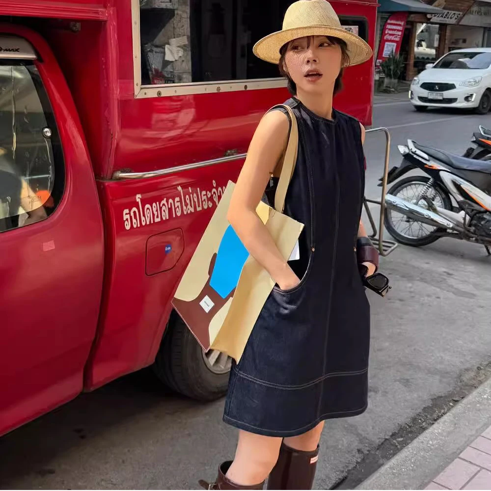 2025新款小众独特别致辣妹韩版圆领设计感显瘦背心牛仔连衣裙女