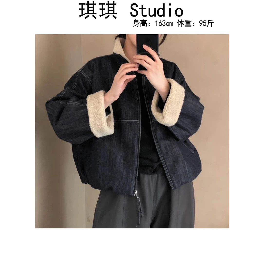 《琪琪家》冬季新款重工设计感羊羔毛气质时尚减龄牛仔外套58057-CS