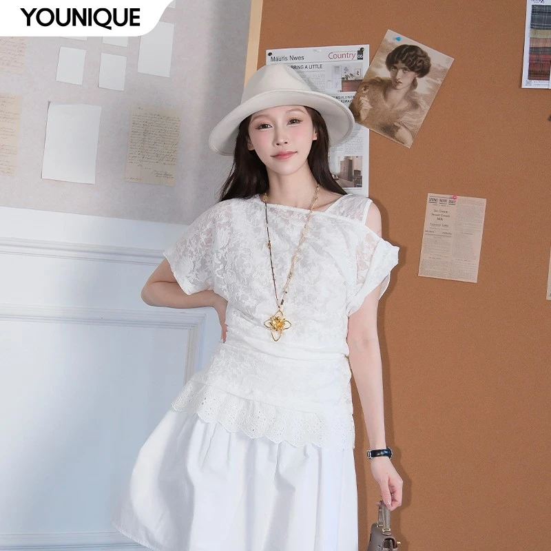 【丿未 PUREVENUS】25早秋新款蕾丝斜肩花边两件套