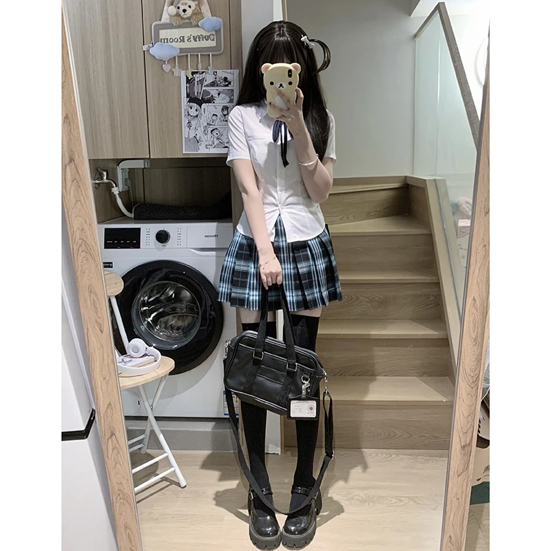 校供感制服薄荷汽水格裙女夏季修身显瘦衬衫半裙套装东京岁时记jk