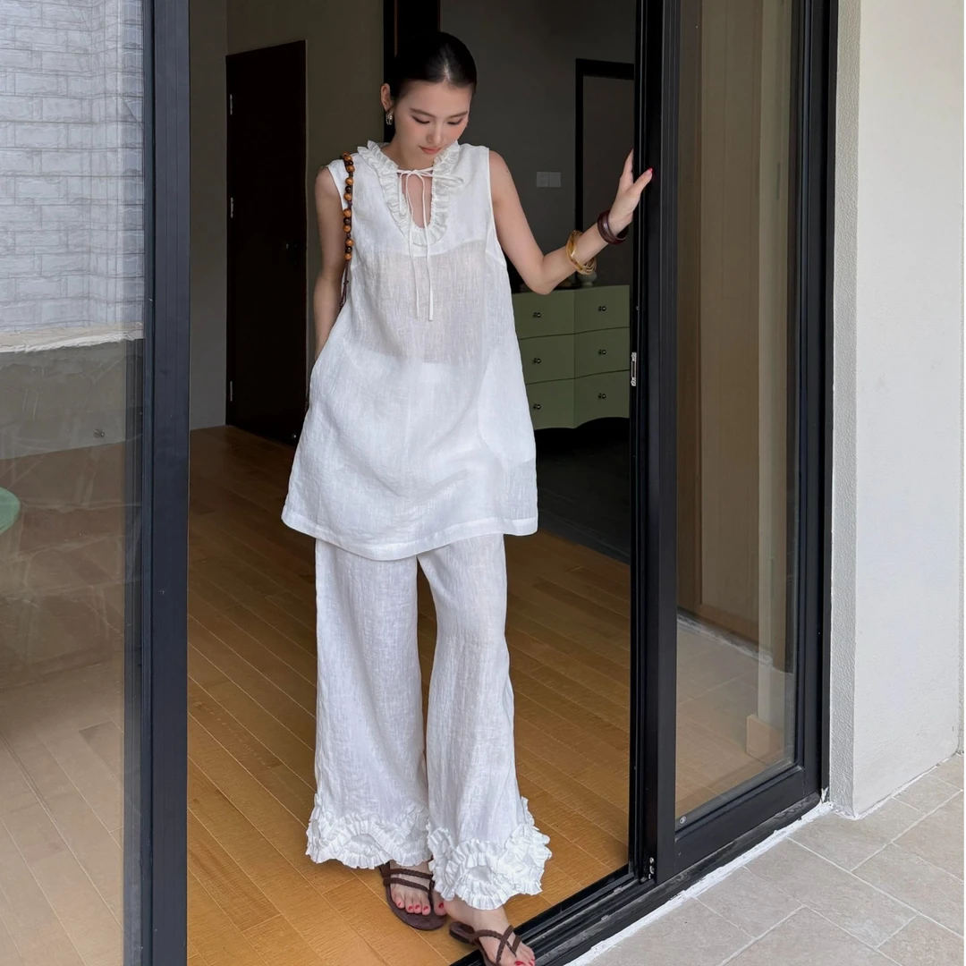 法式夏季2025年小香风套装女时尚洋气棉麻休闲风背心阔腿裤两件套