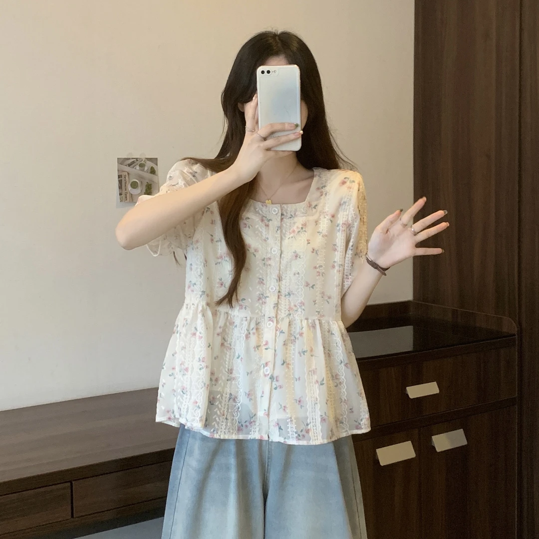 法式碎花短袖衬衫女夏季大码胖mm显瘦遮肚设计感方领小衫上衣6280