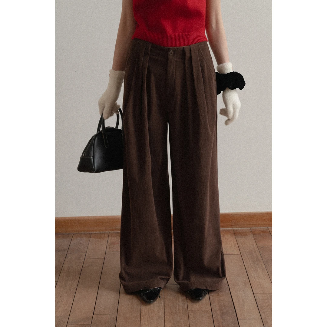 EGGKA 复古灯芯绒压褶宽松阔腿休闲裤直筒通勤长裤 E25D50374BK