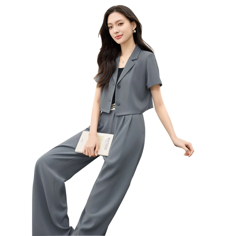 她池时尚套装2025夏装新款女装通勤西装搭阔腿裤两件套T51B0074N