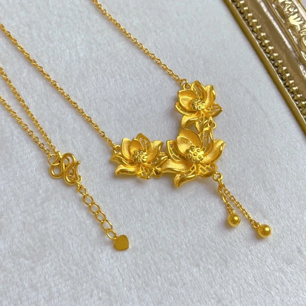 足金999莲花镂空流苏双珠设计送妈妈的礼物古风