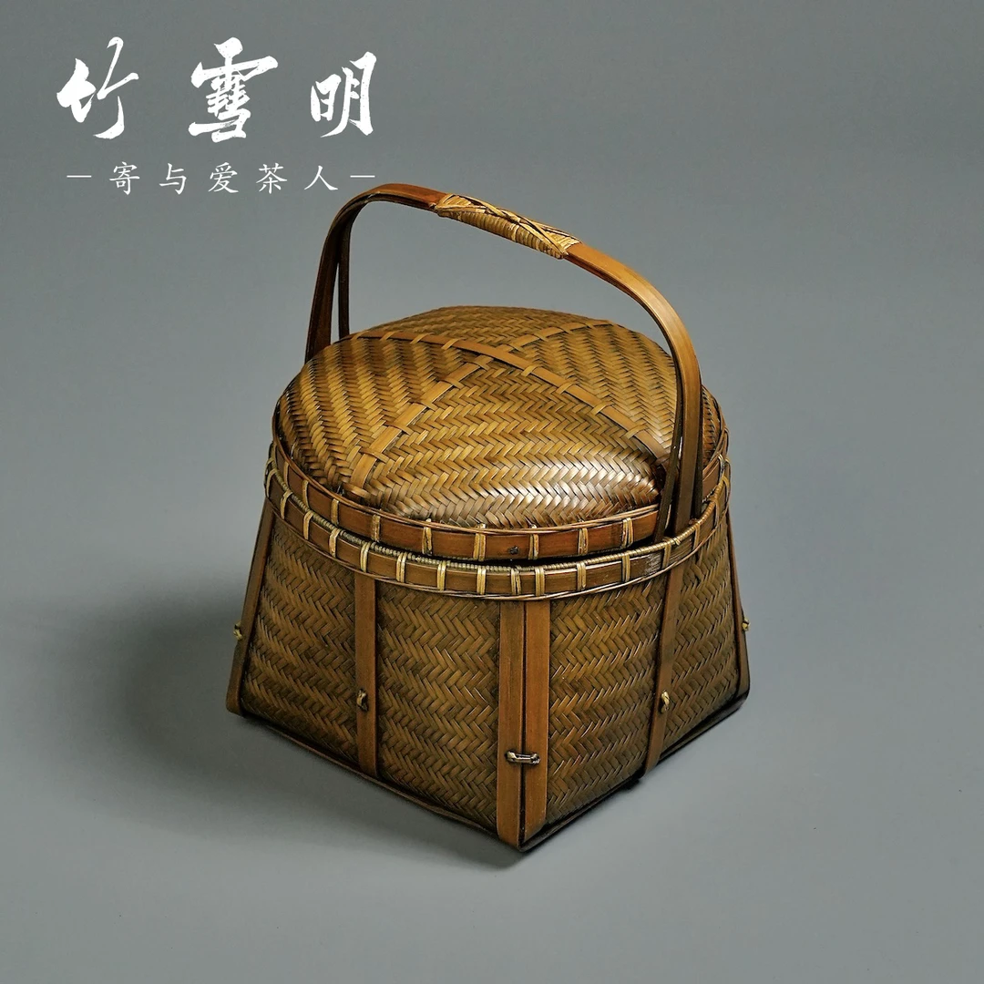 竹雪明|复古提拿碳筐 便携炭斗手工竹编带盖野外旅行炭篓炭笼炭盒