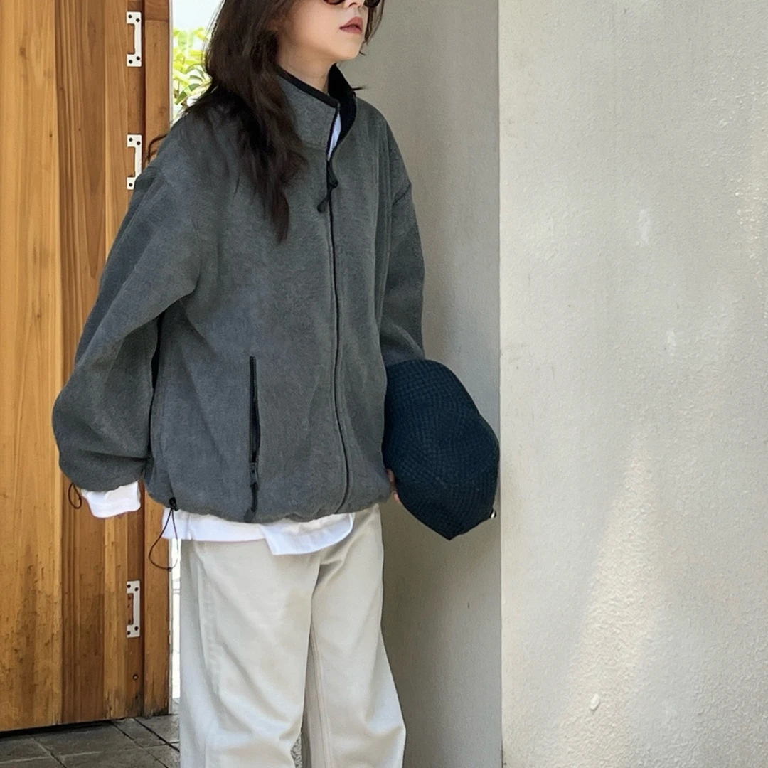 休闲百搭宽松摇粒绒外套时尚简约立领