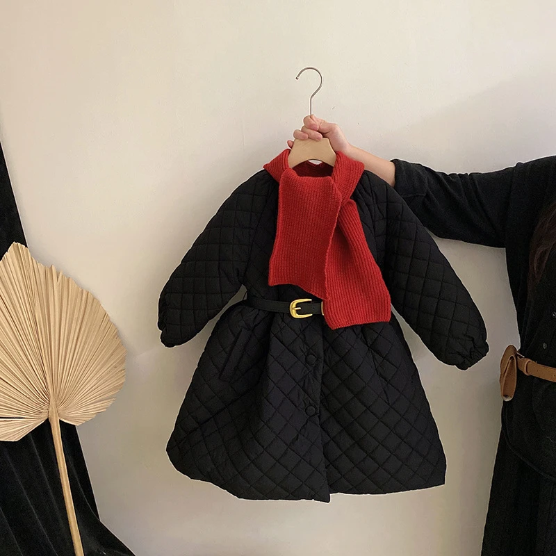 女童棉服裙冬季长款棉衣连衣裙赫本风韩版时尚加绒加厚过膝棉服款