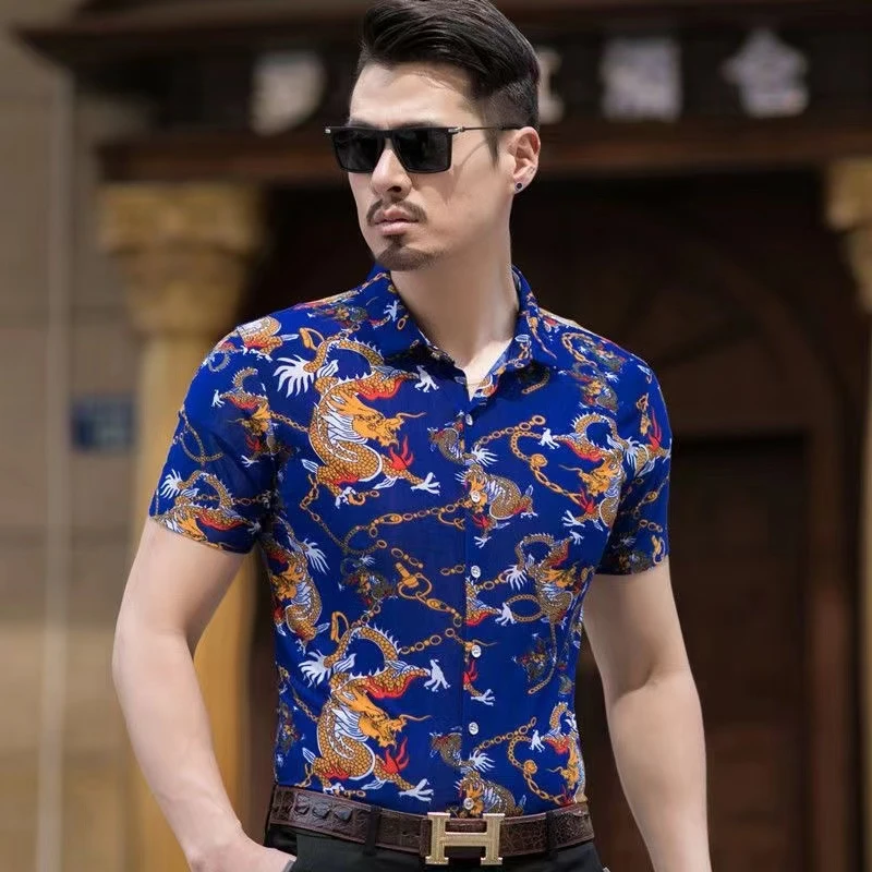 花衬衫夏季男士短袖印花冰丝薄款衬衫中年商务休闲免烫抗皱弹力衬