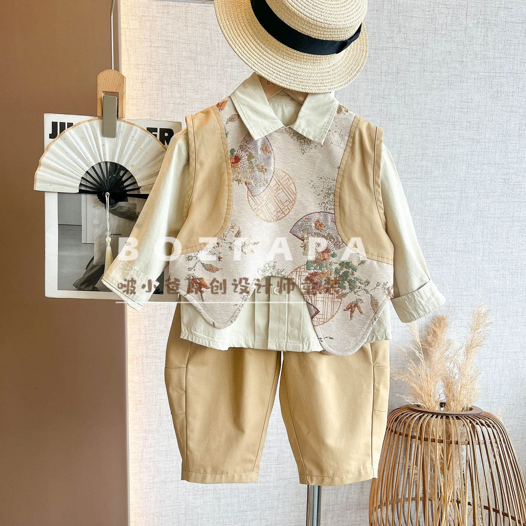 啵小爸【如是观】2025春季男童新中式米色国风马甲两件套