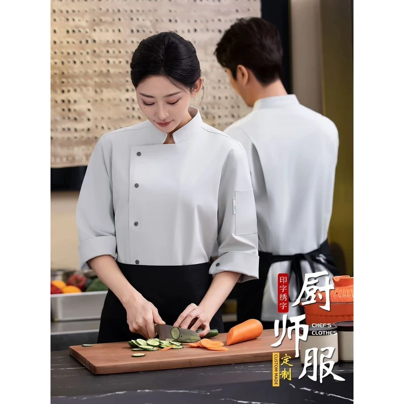 高档餐厅餐饮厨师工作服男女长袖酒店厨房厨师服装秋冬季定制LOGO