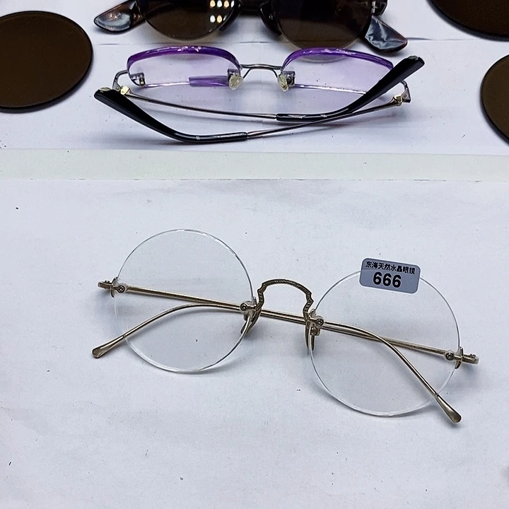 天然水晶石头眼镜苏片52 纯银架子