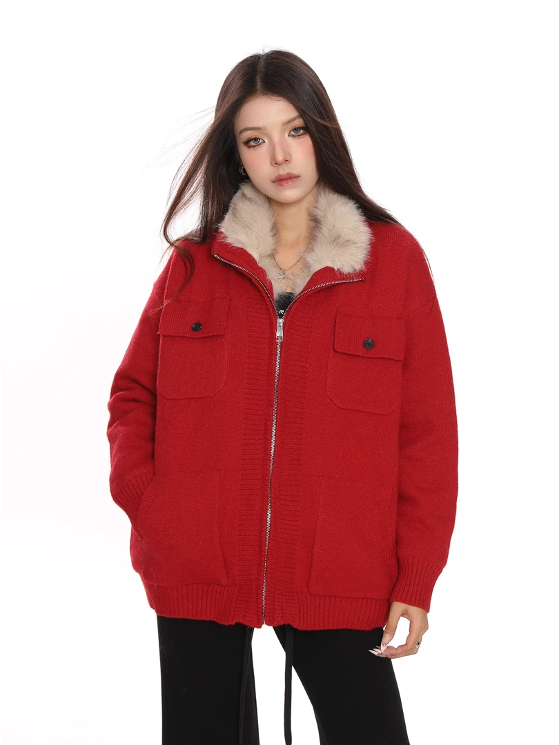 A1MP原创冬季国潮美式复古仿貂毛领座山雕毛衣男女加厚针织衫外套