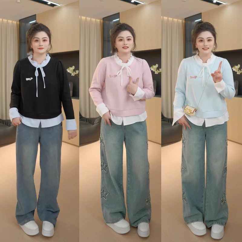 【胖佳佳】列宾花园 假两件撞色衬衫时尚系带上衣H624C21353