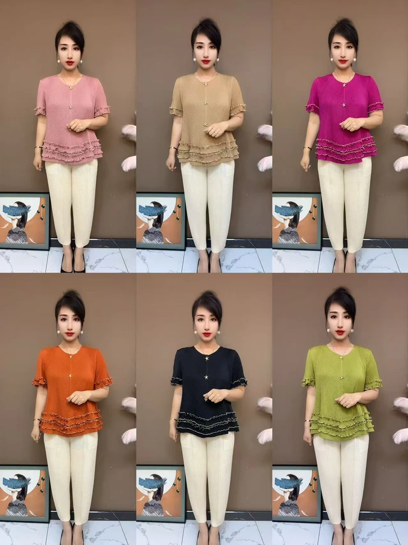 拼接原宿风速干宽松型褶皱T恤中袖蕾丝减龄套头圆领百搭