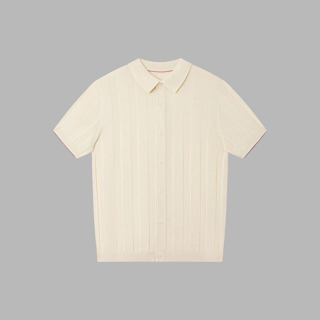 夏季新款老钱针织亚麻混纺开襟衬衫休闲cleanfit短袖