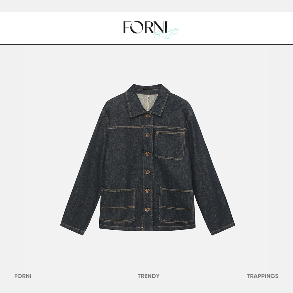 FORNI 加州牛仔 100棉多口袋牛仔外套时尚休闲百搭翻领