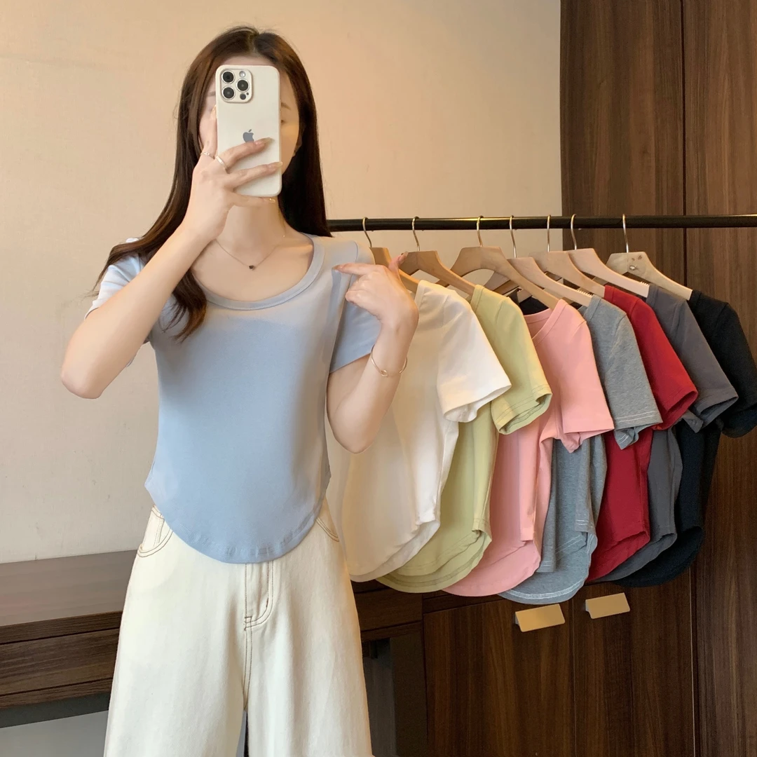 大码女装新款美式辣妹糖果色弧形下摆短袖 2533