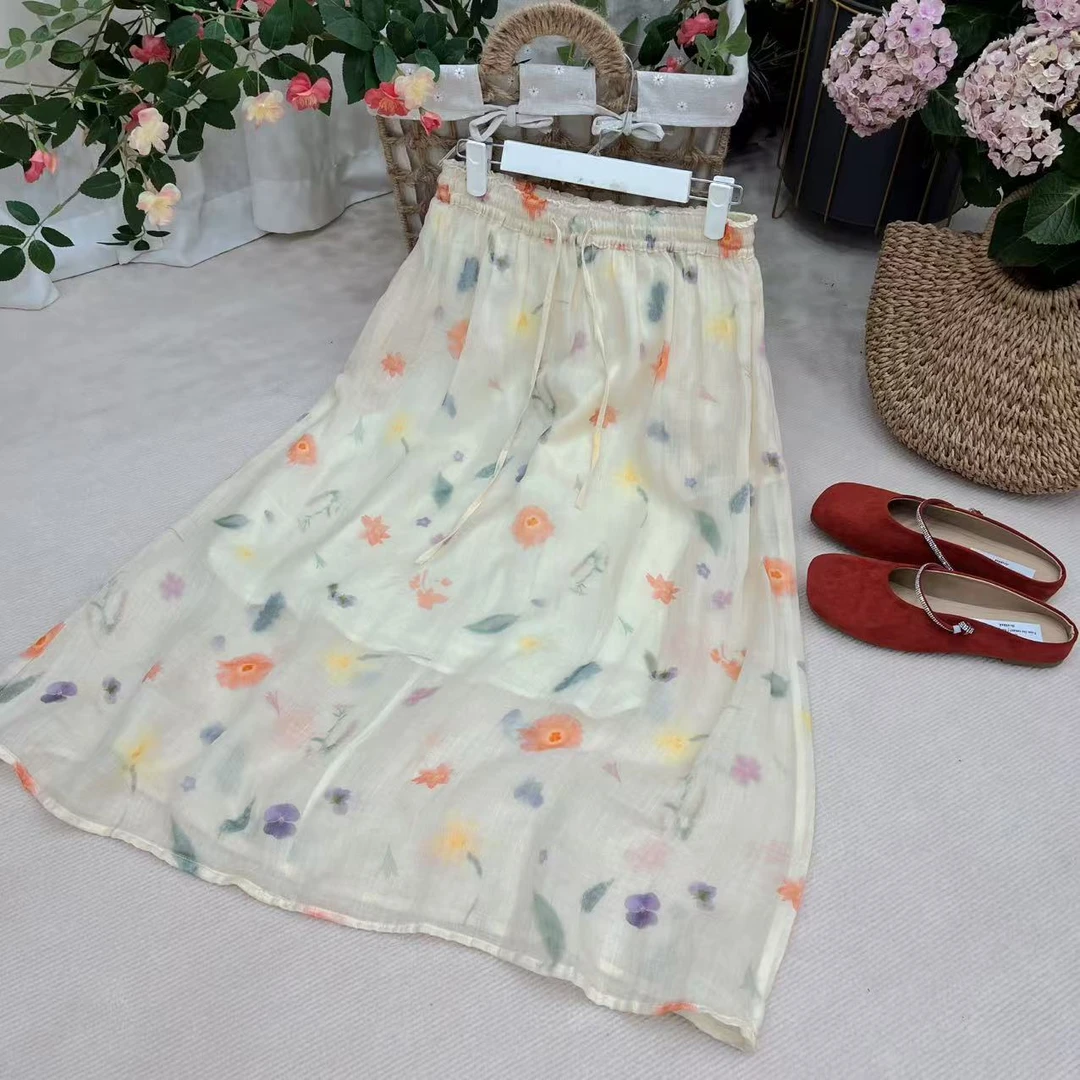 休闲风印花都市风文艺风苎麻半身裙碎花夏款沙丘废土风