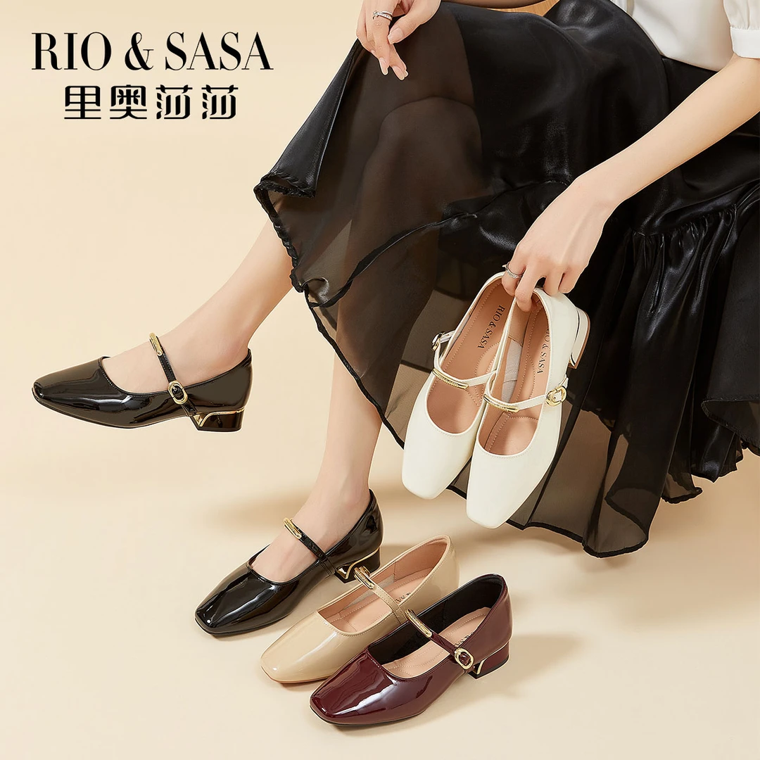 里奥莎莎2025春季真皮法式粗跟浅口方头玛丽珍鞋中跟单鞋RD5014