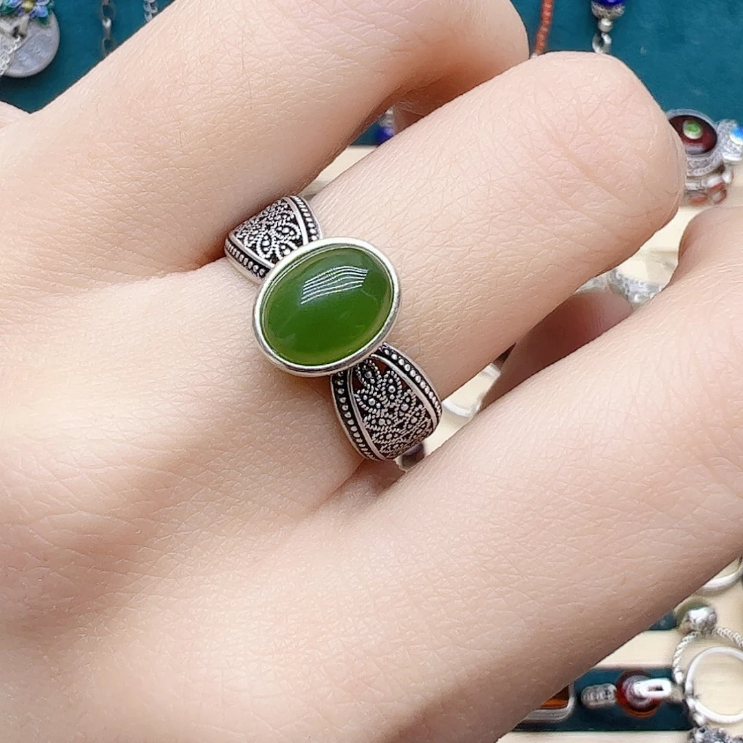 和田玉（碧玉）戒指银S925镶嵌