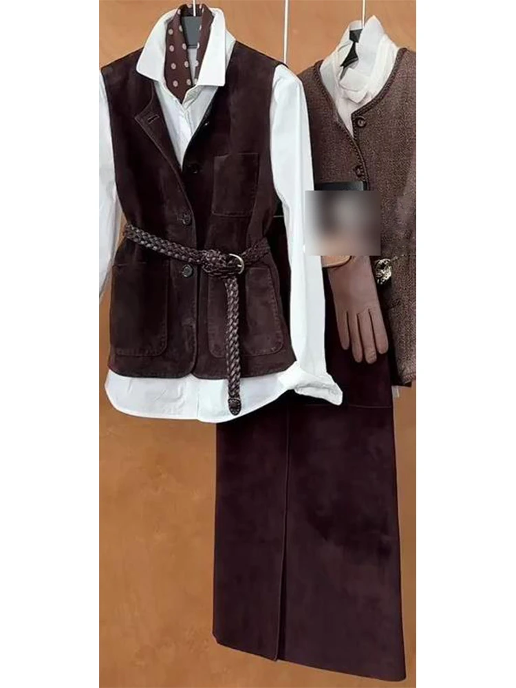 网红洋气炸街女装高级感百搭美拉德复古衬衫马甲半身裙三件套装