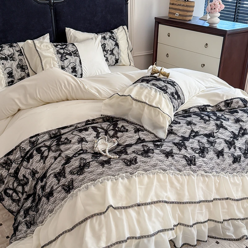 高级感公主风水洗棉四件套法式蕾丝荷叶边花边被套轻奢被套网红款