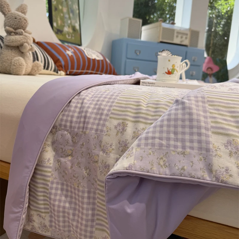 易安阁A面双层纱B面凉感冰皮少女格子碎花紫冰纱被单双人被芯