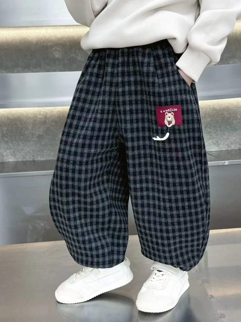 男童加绒裤子秋冬2025新款洋气儿童格子卫裤小男孩加厚休闲束脚裤