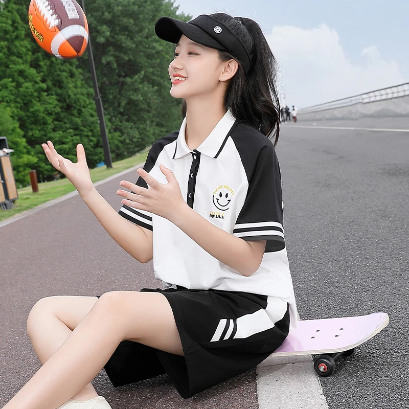 少女初中生夏季休闲套装polo衫T恤宽松短裤休闲运动学院风两件套