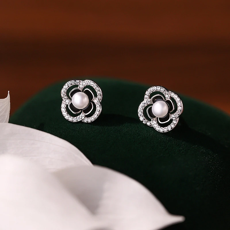 非金属仿珍珠耳饰 S999足银小香风山茶花珠珠耳钉女高级感耳环