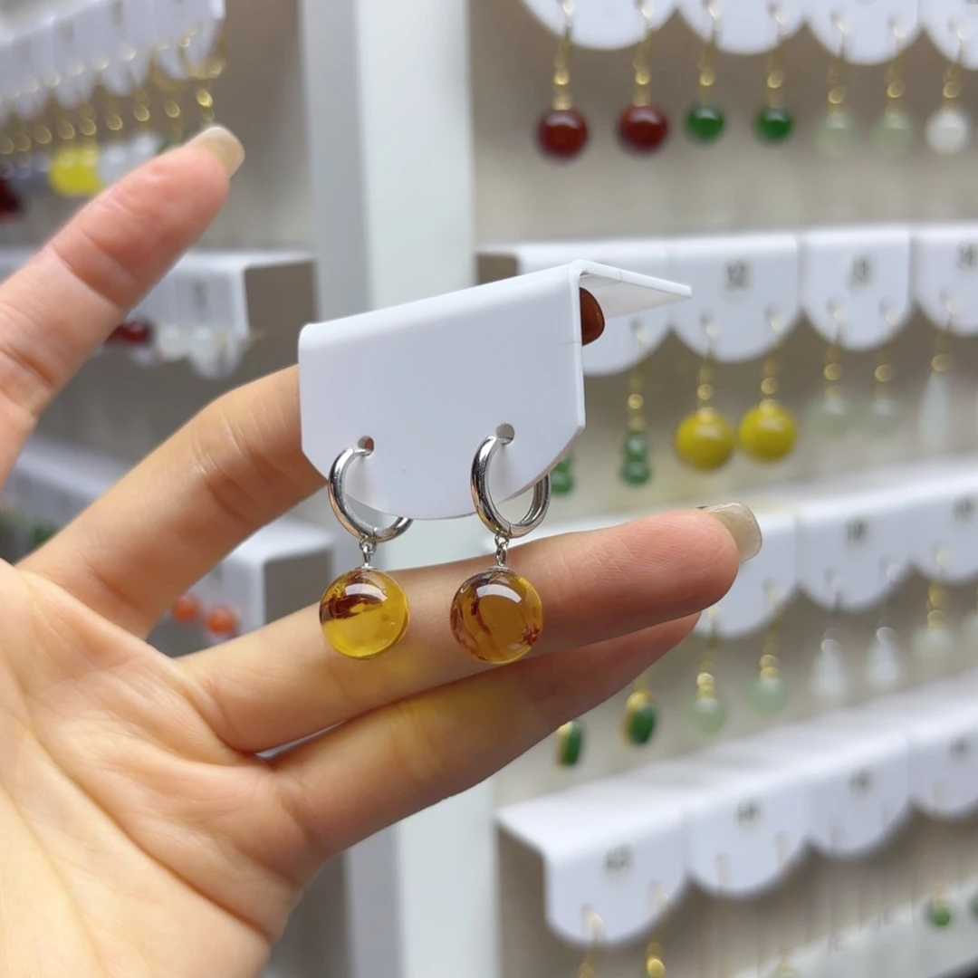 琥珀（花珀）银S925镶嵌耳饰