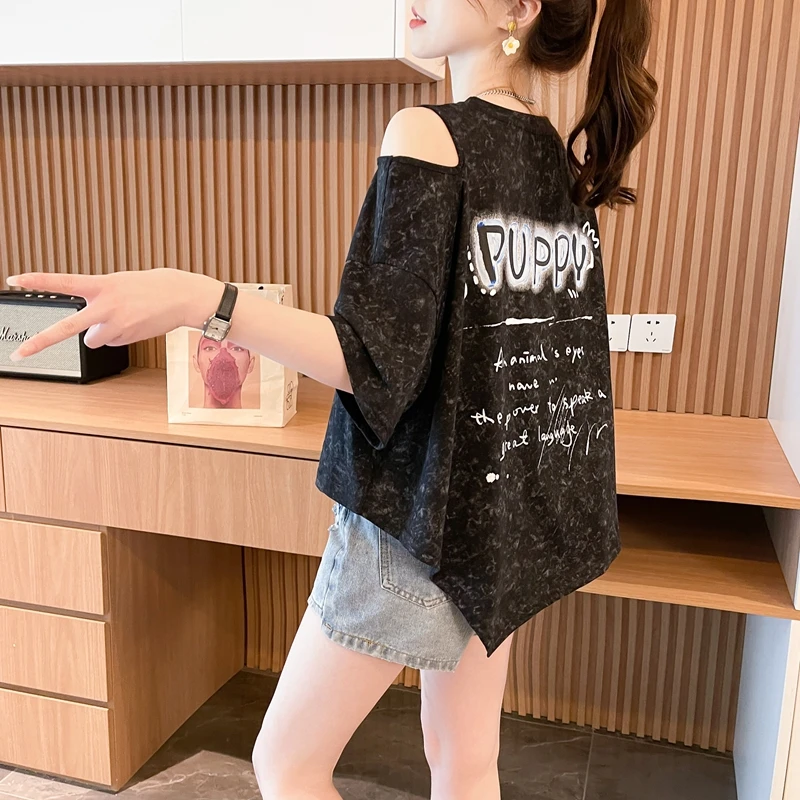 设计感时尚潮流扎染短袖T恤女2025夏季宽松休闲减龄卡通露肩上衣