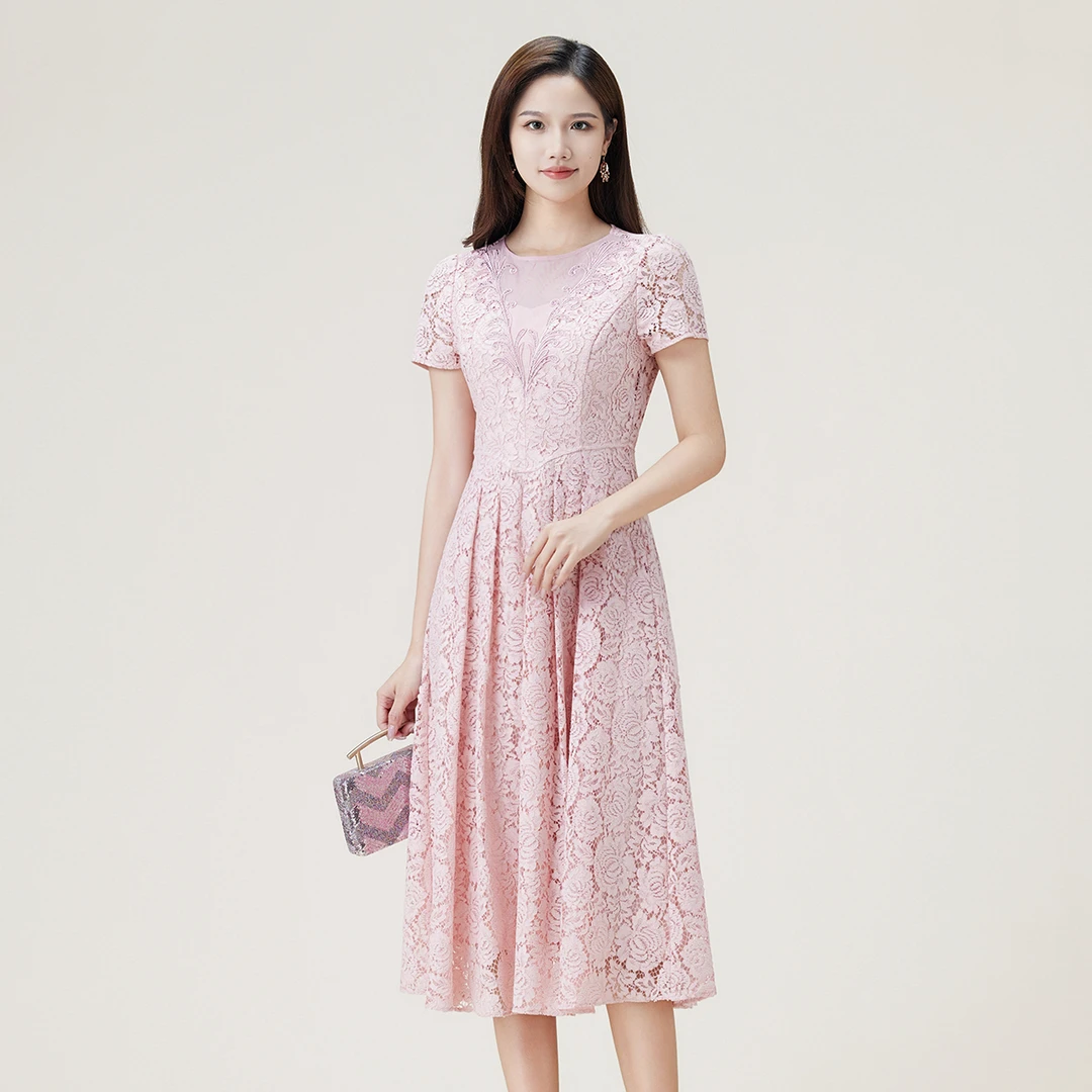 SUSSI/古色24夏商场同款显瘦时尚夏季圆领短袖贴花烫钻蕾丝连衣裙