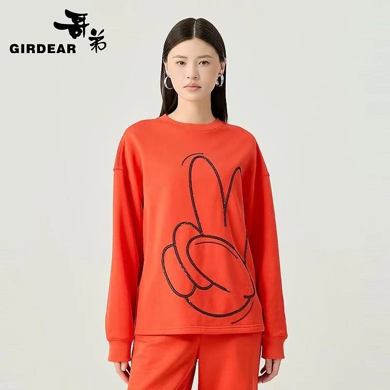 哥弟品质女装时尚潮流舒适百搭宽松圆领龙头Iogo套头卫衣1301059