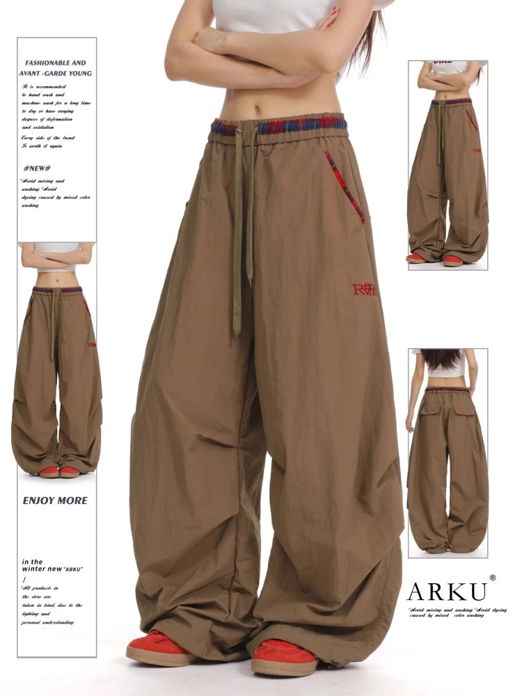 美式褶皱格纹撞色伞兵工装裤女宽松显瘦慵懒风阔腿弯刀休闲裤