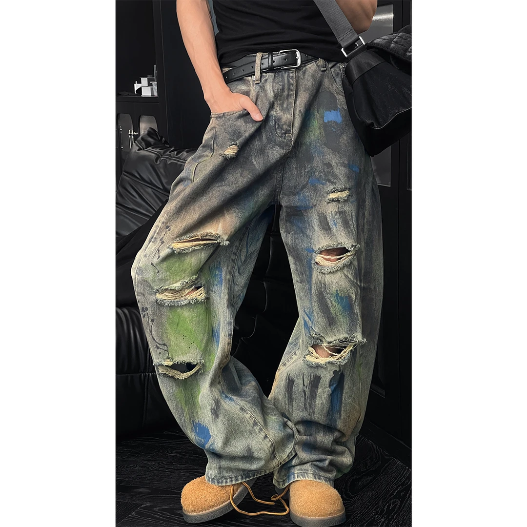 龙叨叨新品美式涂鸦破洞牛仔裤男宽松直筒潮牌小众设计感个性长裤
