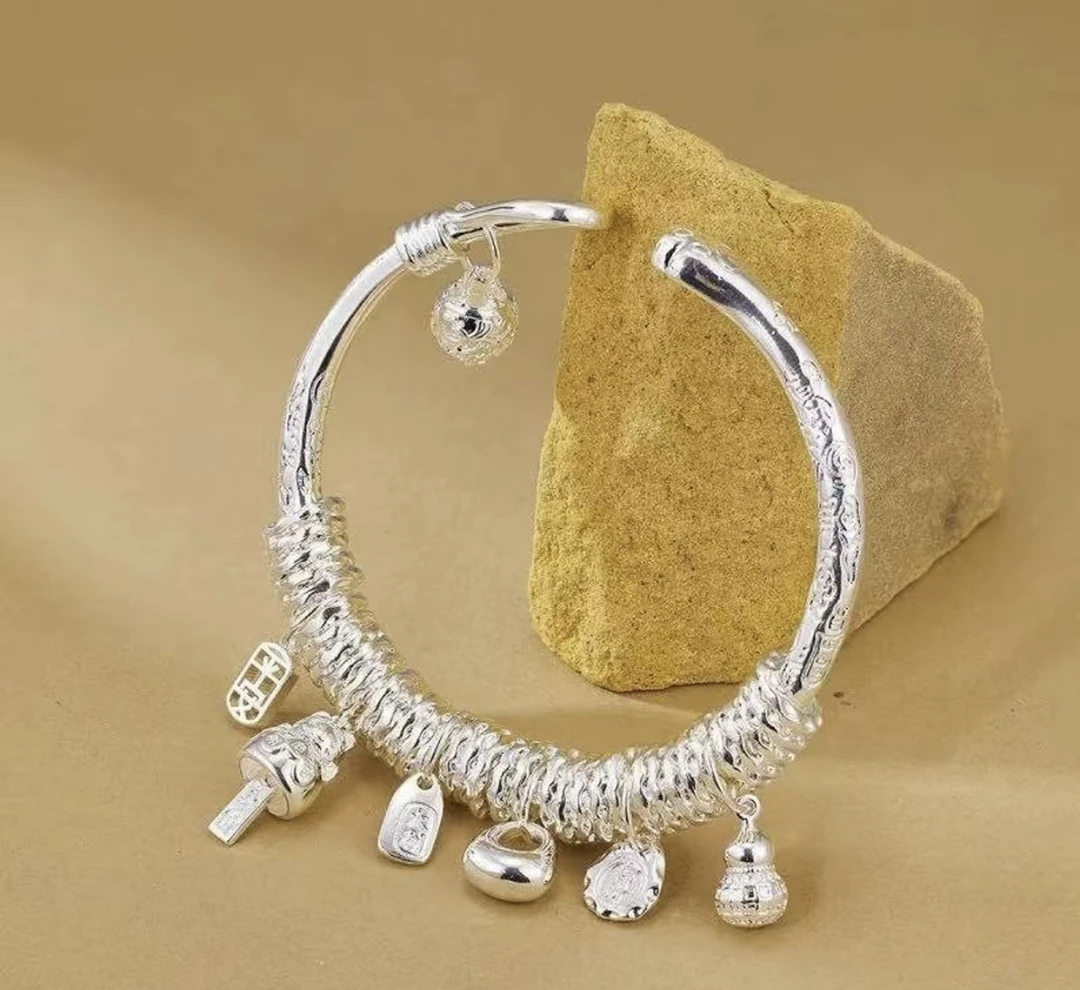 足银999.9猫爪吉言开口银镯子盘缠招财猫新款