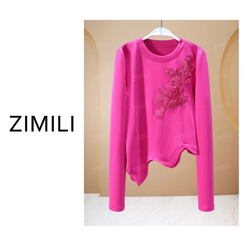 【亮哥欧货女装】冬季热感螺纹《繁花》玫红高弹显瘦打底上衣26056-A0