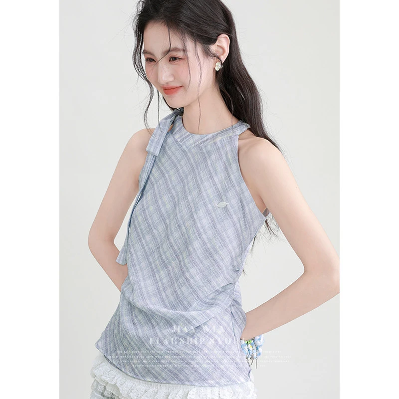 蝴蝶结系带收腰格纹挂脖背心女2025春夏新款气质蕾丝花边无袖上衣