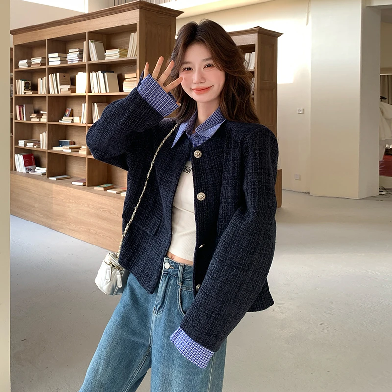 韩系假两件拼接小香风外套女2025春秋季高级感小个子短款夹克上衣