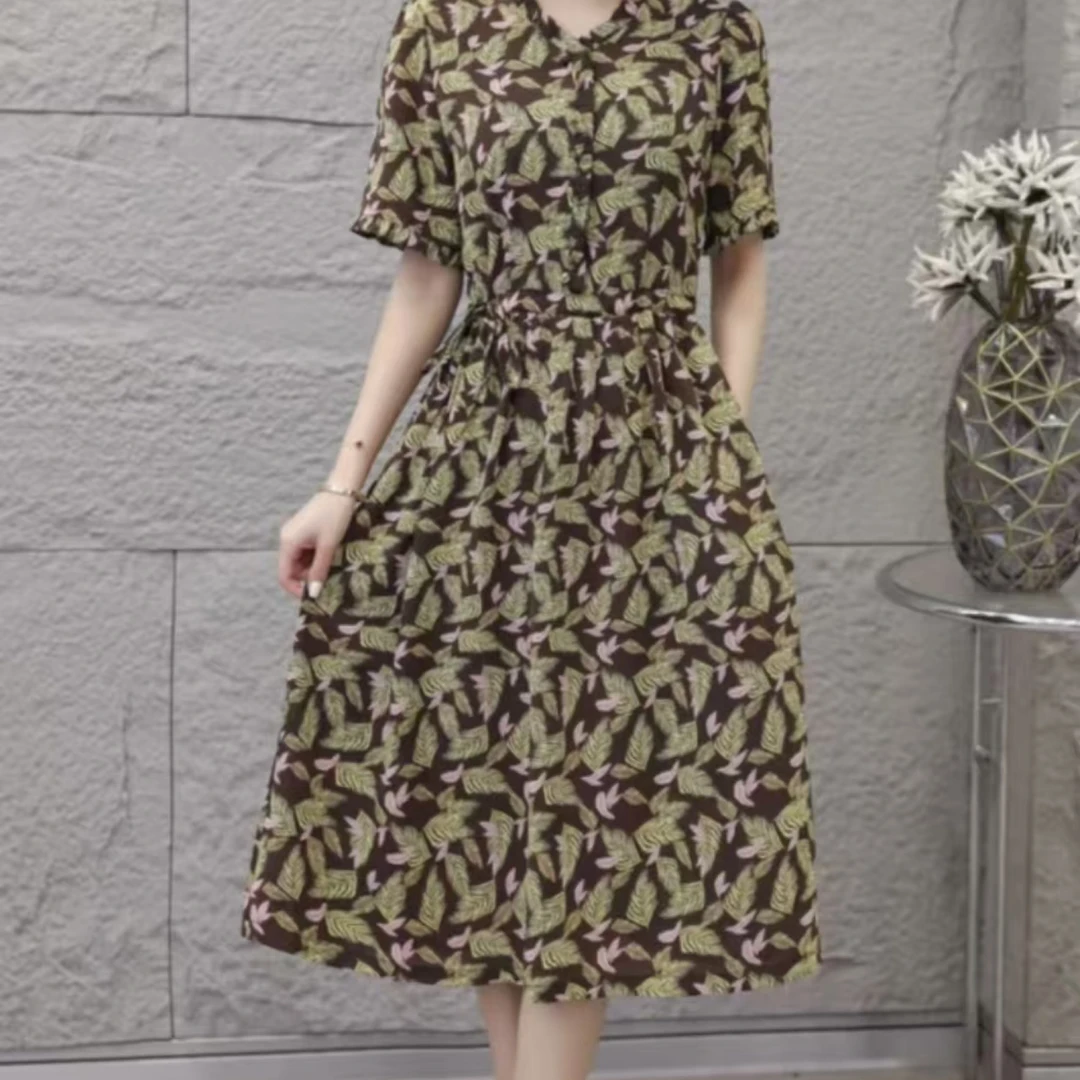 10021-夏季新款显瘦时尚复古碎花短袖印花连衣裙妈妈装【G仓】